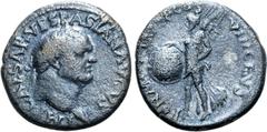 Roman Imperial Vespasian Æ Semis. Ephesus(?), AD 77-78. IMP CAESAR VESPASIAN AVGVST, laureate head to right / PON MAX TR P P P COS VIII CENS, Victory advancing to left, holding shield; [S-C] across fi