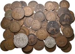 Medieval and World Lot of 63 Great Britain, Hanover-Windsor Pre-Decimal Coins. Includes: 1) 4 x Victoria CU 1 Penny. Uncertain date, 1865, 1896, 1899. SCBC 3955. 2) 1 x Victoria CU 1/2 Penny. 1887. SC