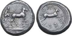 Greek Bruttium, Rhegion AR Tetradrachm. Anaxilas, Tyrant. Circa 478-476 BC. Mule biga driven to right by seated male charioteer; laurel leaf in exergue / Hare springing to right, RECION (retrograde) a