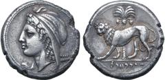 Greek Sicily, Siculo-Punic AR Tetradrachm. 'People of the Camp' mint (Entella?), circa 320-315 BC. Female head (Artemis-Tanit or Elissa-Dido?) to left, wearing Phrygian cap and plain diadem / Lion wal