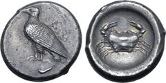 Greek Sicily, Akragas AR Didrachm. Circa 495-478 BC. Sea eagle standing to left, with wings closed; ΑΚΡΑ behind / Crab within incuse circle. Westermark, Coinage 217.7 (O76/R143); SNG ANS 941; SNG Cope