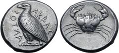 Greek Sicily, Akragas AR Tetradrachm. Circa 460-450/445 BC. Sea eagle standing to left, with wings closed; AKPACANTOΣ (partially retrograde) around / Crab within shallow incuse circle. Westermark, Coi