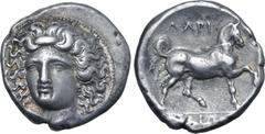 Greek Thessaly, Larissa AR Stater. Circa 356-342 BC. Head of the nymph Larissa facing slightly to left, with hair in ampyx / Bridled horse trotting to right, with tail upright and looped; ΛAPI-[Σ]AIΩ[