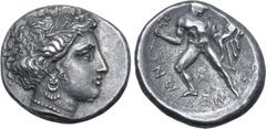 Greek Arkadia, Pheneos AR Stater. Circa 360-340 BC. Wreathed head of Demeter to right, wearing elaborate earring and pearl necklace / Hermes, nude but for petasos and cloak over shoulder, advancing to