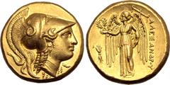 Greek Kingdom of Macedon, Alexander III 'the Great' AV Distater. 'Amphipolis', circa 325-323 BC. Head of Athena to right, wearing triple crested Corinthian helmet decorated with coiled serpent / Nike 