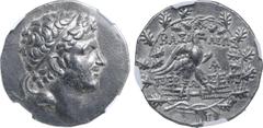 Greek Kingdom of Macedon, Perseus AR Tetradrachm. Pella or Amphipolis, circa 171-168 BC. Reduced standard. Au-, mintmaster. Diademed head to right / Eagle, with wings spread, standing to right on thun