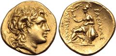 Greek Kings of Thrace, Lysimachos AV Stater. Uncertain mint (Kallatis or Kalchedon), circa 305-281 BC or later. Diademed head of the deified Alexander to right, wearing horn of Ammon / Athena Nikephor