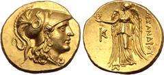 Greek Moesia, Kallatis AV Stater. In the name and types of Alexander III of Macedon. Circa 220-225 BC. Head of Athena to right, wearing triple-crested Corinthian helmet decorated with coiled serpent /