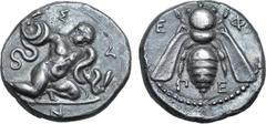 Greek Ionia, Ephesos AR Tridrachm. Symmachy coinage. Circa 405/4 BC. The Herakliskos Drakonopnigon: the Infant Herakles, nude, crouching to right, strangling a serpent coiled around each arm; Σ-YN aro