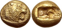 Greek Kingdom of Lydia, Alyattes EL Trite - 1/3 Stater. Sardes, circa 610-560 BC. Head of roaring lion to right, sunburst with uncertain number of rays on forehead / Two incuse square punches. GRPC Ly