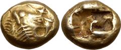 Greek Kingdom of Lydia, Alyattes EL Trite - 1/3 Stater. Sardes, circa 600-561 BC. Head of roaring lion to right, sunburst with three rays on forehead / Two incuse square punches. GRPC Lydia G25 var. (