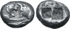 Greek Kingdom of Lydia, Kroisos AR Stater - Double Siglos. Sardes, circa 561-546 BC. Confronted foreparts of lion to right and bull to left / Two incuse squares of unequal size. GRPC Lydia S1; Berk 20