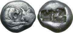Greek Kingdom of Lydia, Kroisos AR 1/3 Stater. Sardes, circa 561-546 BC. Confronted foreparts of lion to right and bull to left / Two irregular incuse squares. GRPC Lydia S5; SNG Keckman 359; Boston M