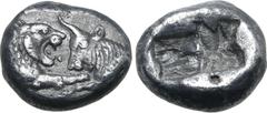 Greek Kingdom of Lydia, Kroisos AR 1/3 Stater. Sardes, circa 561-546 BC. Confronted foreparts of lion to right and bull to left / Two irregular incuse squares. GRPC Lydia S5; SNG Keckman 359; Boston M