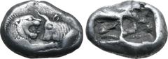 Greek Kingdom of Lydia, Kroisos AR 1/3 Stater. Sardes, circa 561-546 BC. Confronted foreparts of lion to right and bull to left / Two irregular incuse squares. GRPC Lydia S5; SNG Keckman 359; Boston M