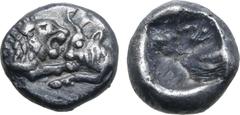 Greek Kingdom of Lydia, Kroisos AR 1/24 Stater. Sardes, circa 561-546 BC. Confronted foreparts of lion to right and bull to left / Incuse punch. GRPC Lydia S10; SNG Tübingen 3652-3. 0.38g, 6mm. Extrem