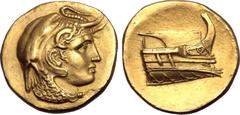 Greek Ptolemaic Kingdom of Egypt, Ptolemy I Soter, as satrap, AV Stater. Alexandria, circa 312/11 BC. Diademed head of the deified Alexander to right, wearing elephant skin and aegis, horn of Ammon ov