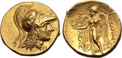 Greek Seleukid Empire, Seleukos I Nikator AV Stater. In the name and types of Alexander III of Macedon. Babylon mint, circa 320-315 BC. Head of Athena to right, wearing triple-crested Corinthian helme