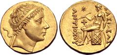 Greek Seleukid Empire, Antiochos II Theos AV Stater. Aï Khanoum, 261-246 BC. Diademed head to right / Apollo Delphios seated to left on omphalos, testing arrow in his right hand, left hand holding tip