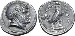 Greek Baktria, Sophytes AR Tetradrachm. Uncertain mint in the Oxus region, circa 246-235 BC. Attic standard. Head of Seleukos(?) to right, wearing laurel-wreathed Attic helmet decorated with spiral pa