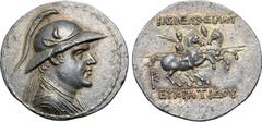 Greek Greco-Baktrian Kingdom, Eukratides I Megas AR Tetradrachm. Circa 170-145 BC. Diademed and draped bust to right, wearing crested helmet adorned with bull's horn and ear / The Dioskouroi on horses