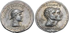 Greek Greco-Baktrian Kingdom, Eukratides I Megas AR Tetradrachm. Circa 170-145 BC. Dynastic pedigree issue. Diademed, draped and cuirassed bust to right, wearing crested helmet adorned with bull's hor