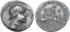 Greek Greco-Baktrian Kingdom, Plato AR Tetradrachm. Circa 145-140 BC. Diademed and draped bust to right, wearing crested helmet adorned with bull's horn and ear / Helios, radiate, standing facing in q