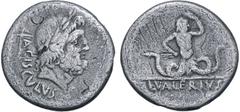 McCabe L. Valerius Acisculus AR Denarius. Rome, 45 BC. Laureate head of Jupiter to right; acisculus and ACISCVLVS behind; all within laurel wreath / Anguipedic giant facing, holding thunderbolt that h
