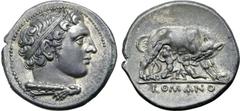 Vogelberg Anonymous AR Didrachm. Rome, 269-266 BC. Head of Hercules to right, wearing taenia, with club and lion-skin over shoulder / She-wolf standing to right, head to left, suckling the twins Romul