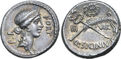 Vogelberg Q. Sicinius AR Denarius. Rome, 49 BC. Diademed head of Fortuna to right; P•R upwards behind, FORT before / Palm-branch and caduceus in saltire, laurel wreath above; III-VIR across fields, Q•