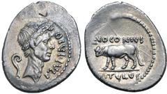 Vogelberg Divus Julius Caesar AR Denarius. Rome, 40 BC. Q. Voconius Vitulus, moneyer. Laureate head to right; DIVI•IVLI downwards before, lituus behind / Bull-calf walking to left; Q•VOCONIVS above, V