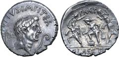 Vogelberg Sextus Pompey AR Denarius. Uncertain mint in Sicily (Catania?), 42-40 BC. MAG•PIVS•IMP•ITER, bare head of Pompey Magnus to right; capis behind, lituus before / Neptune standing to left, hold