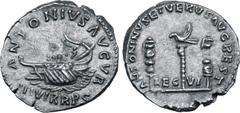 Vogelberg Marcus Aurelius and Lucius Verus AR Denarius. Restitution issue of Marc Antony legionary type. Rome, AD 165-166. ANTONINVS AVGVR, praetorian galley to left; III VIR R P C in exergue / ANTONI