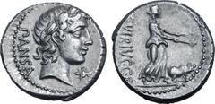 Roman Republic C. Vibius C. f. Pansa AR Denarius. Rome, 90 BC. Laureate head of Apollo to right; control mark below chin, PANSA behind / Ceres advancing to right, holding lit torch in each hand, pig a