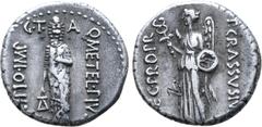 Roman Imperatorial Q. Caecilius Metellus Pius Scipio AR Denarius. Utica, 47/46 BC. P. Licinius Crassus Junianus, legatus pro praetore. Q•METEL•PIVS on right, SCIPIO•IMP on left, lion-headed figure of 