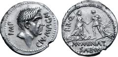 Roman Imperatorial Cnaeus Pompeius Junior and M. Minatius Sabinus AR Denarius. Corduba, 46-45 BC. CN•MAGN IMP, head of Cnaeus Pompeius Magnus to right / Personification of Corduba, turreted, standing 