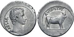 Roman Imperial Augustus AR Denarius. Samos or Pergamum(?), 21-20 BC. CAESAR, bare head to right / AVGVSTVS, bull standing to right. RIC I 475 (Samos?); BMCRE 663 (uncertain mint in the East); RSC 28; 