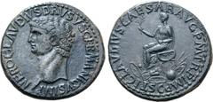 Roman Imperial Nero Claudius Drusus (father of Claudius) Æ Sestertius. Rome, AD 41-50. NERO CLAVDIVS DRVSVS GERMANICVS IMP, bare head to right / TI CLAVDIVS CAESAR AVG P M TR P IMP, Emperor seated to 