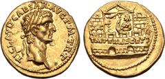 Roman Imperial Claudius AV Aureus. Lugdunum, AD 41-42. TI CLAVD CAESAR AVG P M TR P, laureate head to right / IMPER RECEPT inscribed across the wall of the Praetorian Camp, which has ramparts and two 