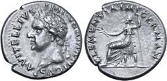 Roman Imperial Vitellius AR Denarius. Tarraco, AD 69. A VITELLIVS IMP GERMANICVS, laureate bust to left / CLEMENTIA IMP GERMAN, Clementia seated to left, holding olive branch and long sceptre. RIC I 1