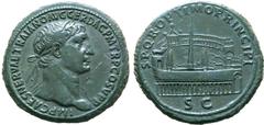 Roman Imperial Trajan Æ Sestertius. Rome, AD 103-104. IMP CAES NERVAE TRAIANO AVG GER DAC P M TR P COS V P P, laureate bust to right, slight drapery on far shoulder / S•P•Q•R• OPTIMO PRINCIPI, a view 