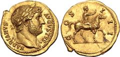 Roman Imperial Hadrian AV Aureus. Rome, AD 125-127. HADRIANVS AVGVSTVS, laureate bust to right, drapery on far shoulder / COS III, Emperor on horseback to right, raising hand. RIC II.3 781; C. 406; BM