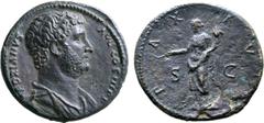 Roman Imperial Hadrian Æ Sestertius. Rome, AD 133-135. HADRIANVS AVG COS III P P, bare-headed and draped bust to right / PAX AVG, Pax standing to left, holding branch and cornucopiae; S-C across field