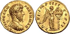 Roman Imperial Lucius Verus AV Aureus. Rome, AD 166. L VERVS AVG ARM PARTH MAX, laureate and cuirassed bust to right / TR P VI IMP IIII COS II, Victory standing to right, holding palm branch and placi