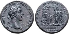 Roman Imperial Commodus Æ Medallion. Uncertain mint, AD 176-192. M AVREL ANTONINVS COMMODVS AVG, laureate head to right / TR P VII IMP IIII COS III P P, Emperor standing to left, holding patera over a