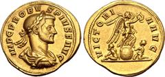 Roman Imperial Probus AV Aureus. Siscia, AD 277-278. IMP C PROBVS PIVS F AVG, laureate, draped and cuirassed bust to right / VICTORIA AVG, Victory standing to right on globe between two captives, hold