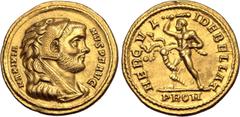 Roman Imperial Maximian AV Aureus. Rome, AD 294. MAXIMIANVS P F AVG, head to right, wearing lion-skin headdress / HERCVLI DEBELLAT, Hercules standing facing, head to left, holding club raised, prepari