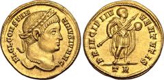 Roman Imperial Constantine II, as Caesar, AV Solidus. Treveri, AD 326-327. FL CL CONSTANTINVS IVN N C, laureate head to right / PRINCIPI IVVENTVTIS, Constantine II standing to right, in military attir