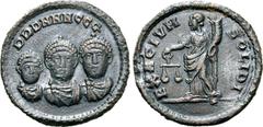 Roman Imperial Theodosius I, with Arcadius and Honorius, Æ Exagium Solidi Weight. Constantinople, AD 402-408. DDD NNN GGG, pearl-diademed and draped facing busts of Honorius, Theodosius and Arcadius r