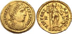 Roman Imperial Constantius III AV Solidus. Ravenna, AD 421. D N CONSTANTIVS P F AVG, rosette-diademed, draped and cuirassed bust to right / VICTORIA AVGGG, Emperor standing to right, holding standard 